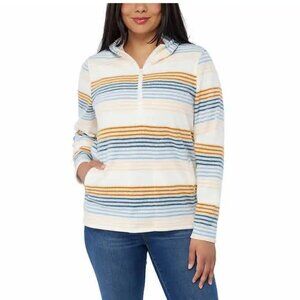 O'NEILL Women's Half Zip Polar Fleece Hoodie Blue Stripe Warm Cozy Large